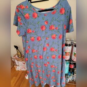 LuLaRoe Blue Dress with Red Floral Pattern